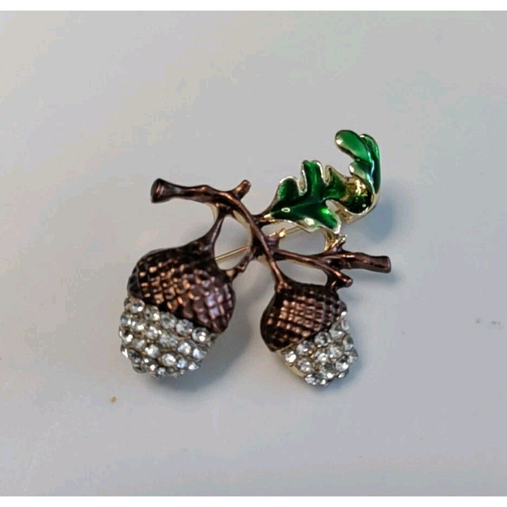 Enamel & Rhinestone Acorn Brooch - Picture 2 of 5